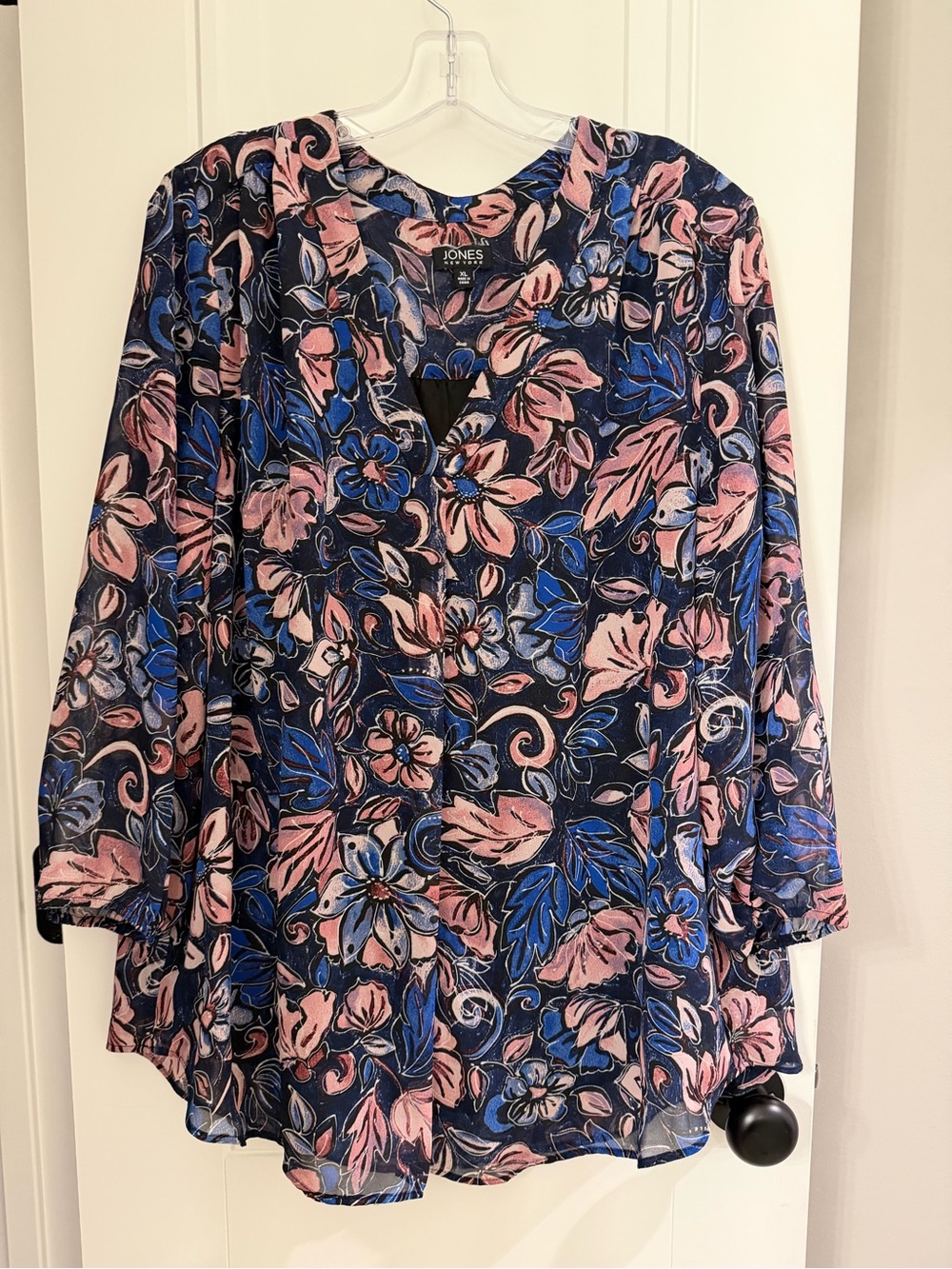 Jones New York Navy Floral V-Neck Blouse with Pink & Blue Accents